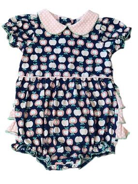 EUC Serendipity by shrimp & grits Navy Apple Print bubble Romper ruffle butt 3t